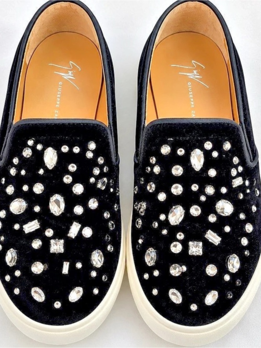 Giuseppe Zanotti Black Velvet Crystal-Embellished Slip-On Sneakers Women’s 9 New